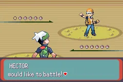 Pantalla de combate Pokémon: el sprite del rival, un entrenador con los brazos en alto, y el cuadro de texto que dice HECTOR would like to battle!
