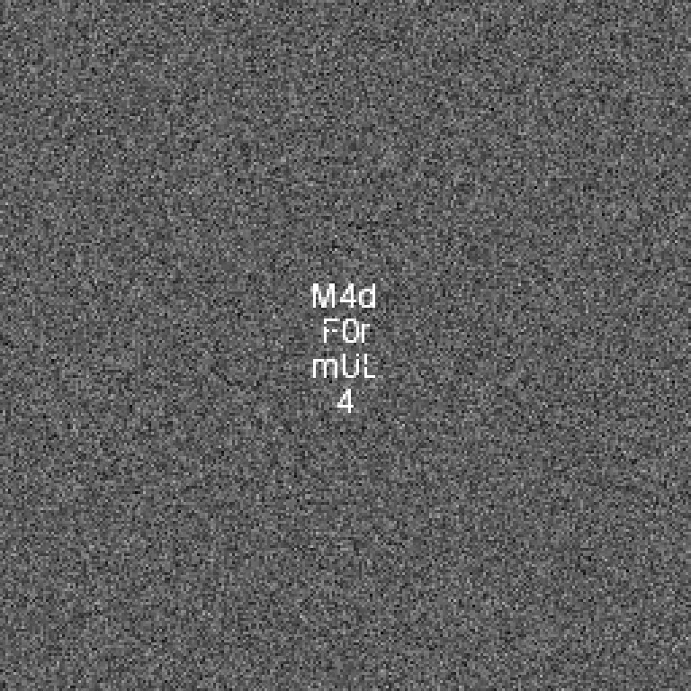 La tabla reconstruida, 256 por 256: fondo gris oscuro con textura moteada y, en el centro, cuatro líneas de texto claras y perfectamente legibles —M4d, F0r, mUL, 4—. No hay ninguna línea diagonal