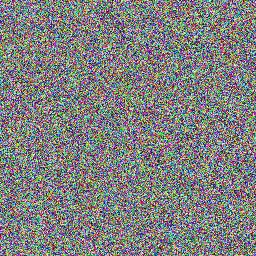 p.png a tamaño real: un cuadrado de 256 por 256 píxeles lleno de confeti de colores saturado —puntos rojos, verdes, azules, magentas y amarillos mezclados—, sin ninguna forma ni estructura reconocible