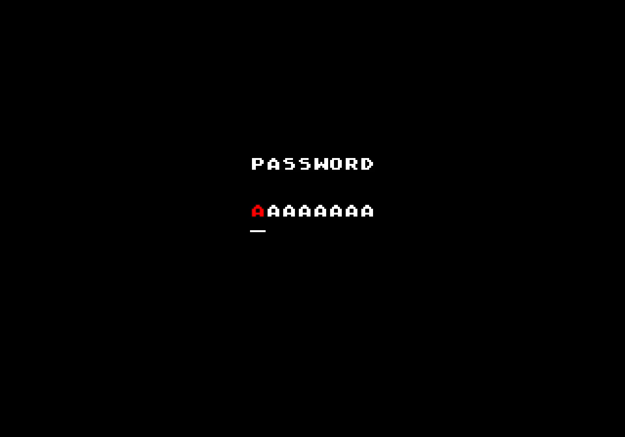Pantalla de Mega Drive sobre fondo negro: el rótulo PASSWORD centrado y, debajo, ocho letras A con la primera en rojo y un guion bajo ella